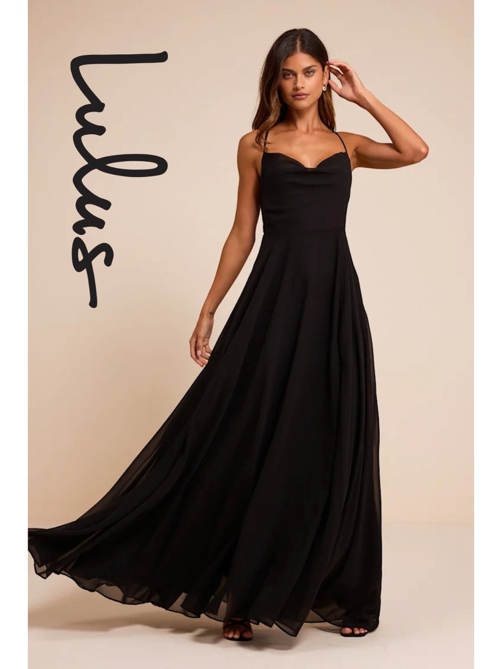 Lulu's - Romantically Speaking Black Cowl Lace-Up Maxi Dress - Size XL